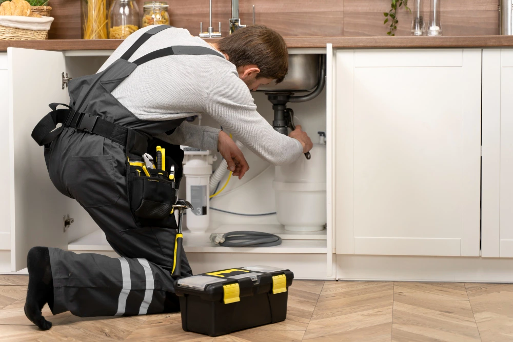 Male plumber in overalls kneeling and repairing pipes under a kitchen sink, with a toolbox nearby.